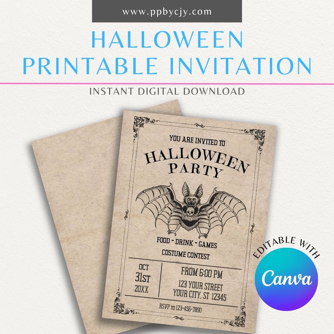 Halloween Bat Printable Invitation with a spooky bat design, perfect for Halloween parties, trick-or-treat events, and spooky gatherings.
