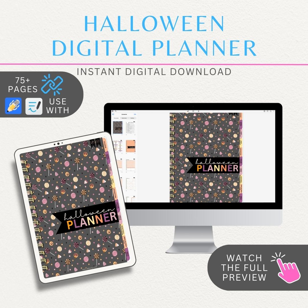 Halloween Digital Planner with 75+ hyperlinked pages, including party planners, costume organizers, trick-or-treat schedules, and recipe logs