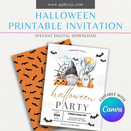 Halloween Gnome with Bats Printable Invitation, featuring a gnome in a Halloween setting with bats flying around, perfect for a spooky event invitation.