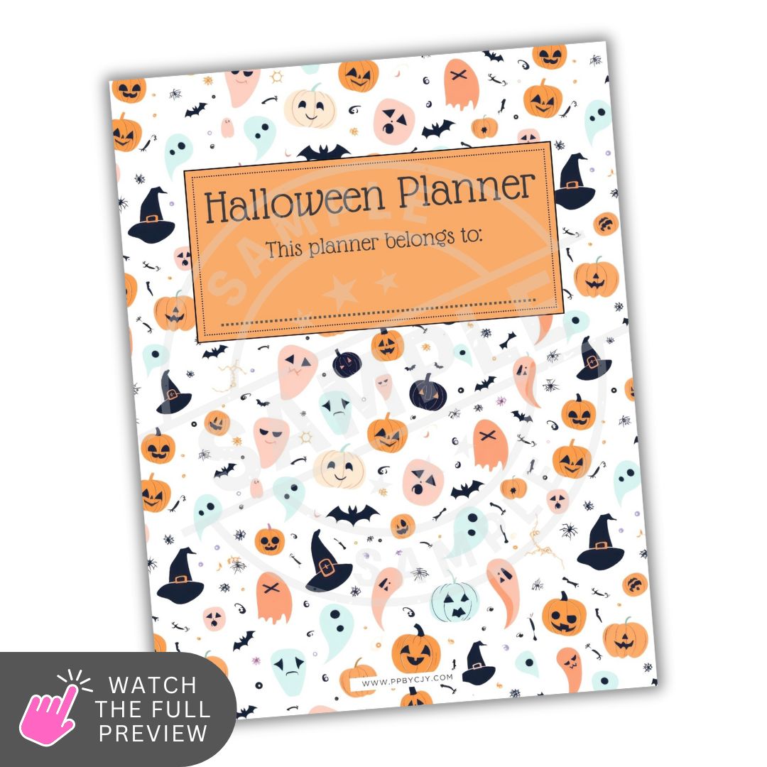 Halloween planner with pumpkins, ghosts, and bats on a white background