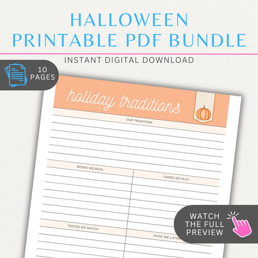 Halloween Planner Printable PDF Bundle with 10 pages, including party planning, shopping lists, costume tracking, and decoration ideas