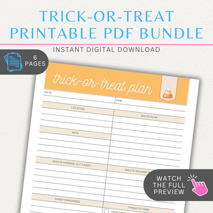 Trick or Treat Planner Printable PDF Bundle with 6 pages, including costume tracker, candy inventory, and trick-or-treat route organizer