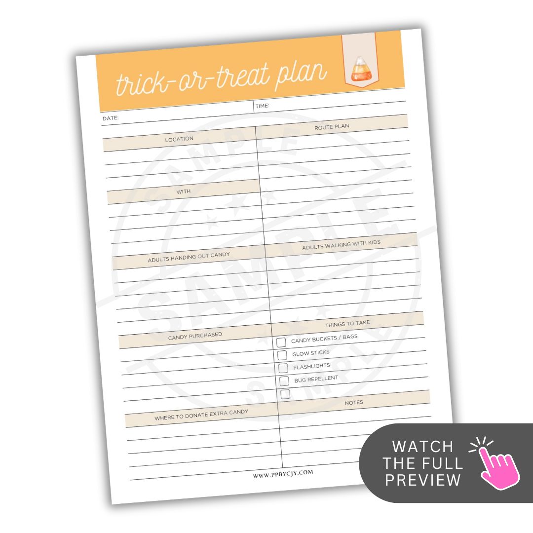 Halloween planning sheet titled 'trick-or-treat plan' with a yellow header on a white background.