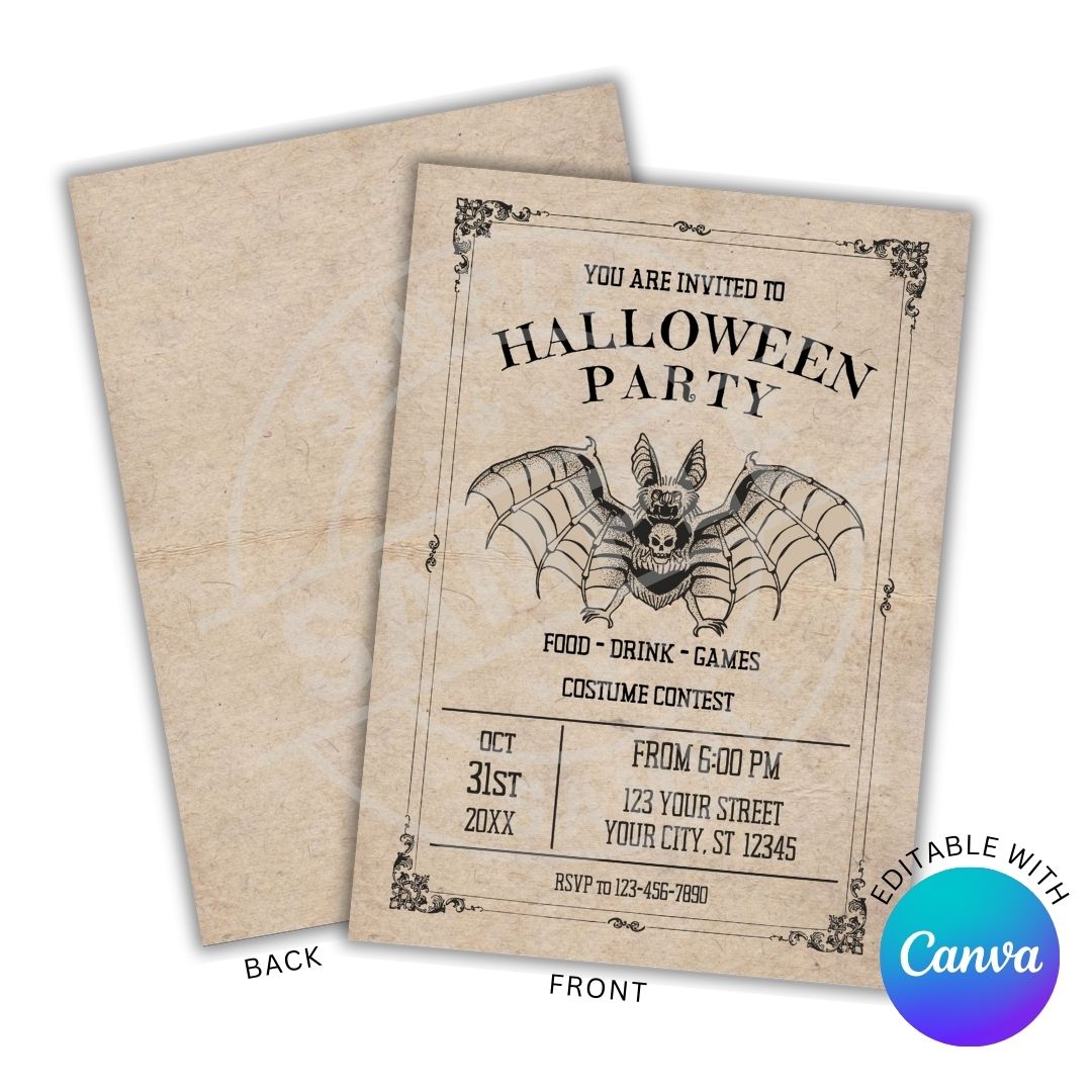 Halloween party invitation with bat design on kraft paper, featuring Canva branding.