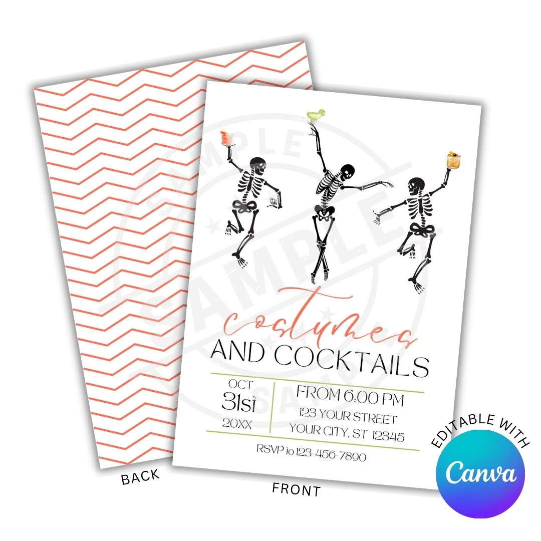 Halloween party invitation with skeletons and text, featuring Canva logo.
