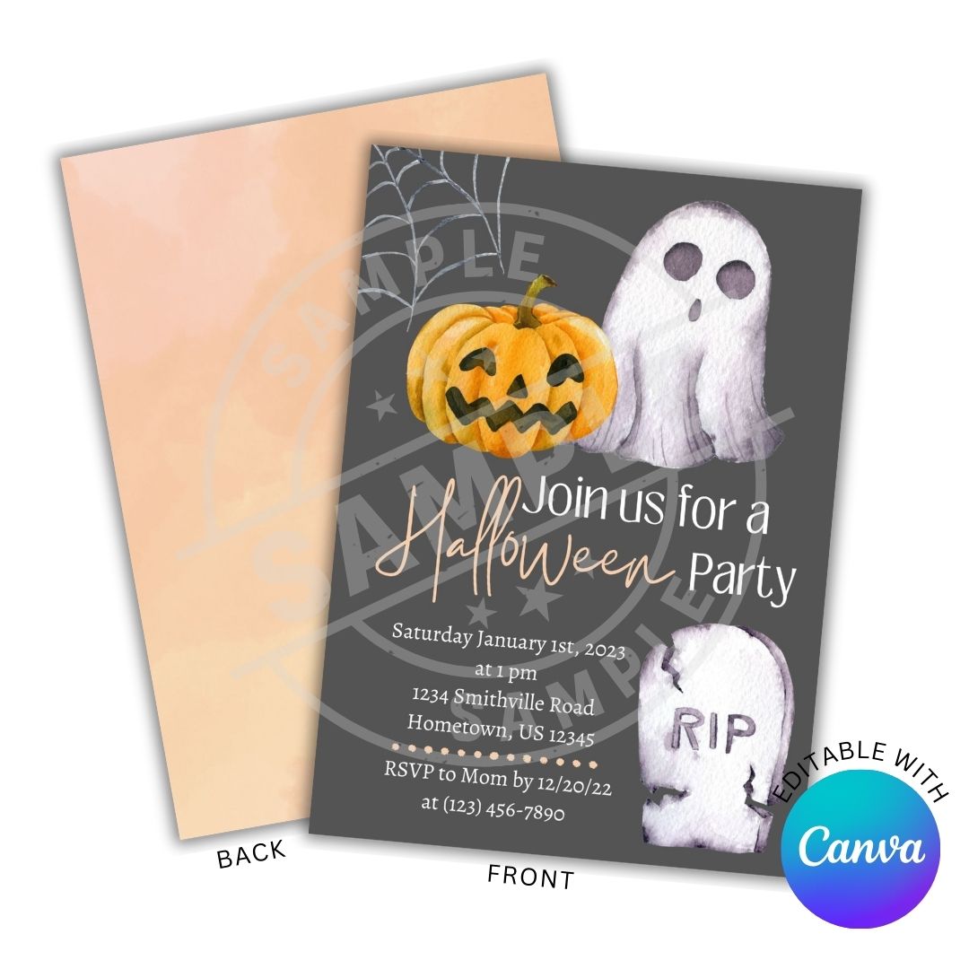 Halloween party invitation with pumpkin, ghost, and tombstone design on a gray background.