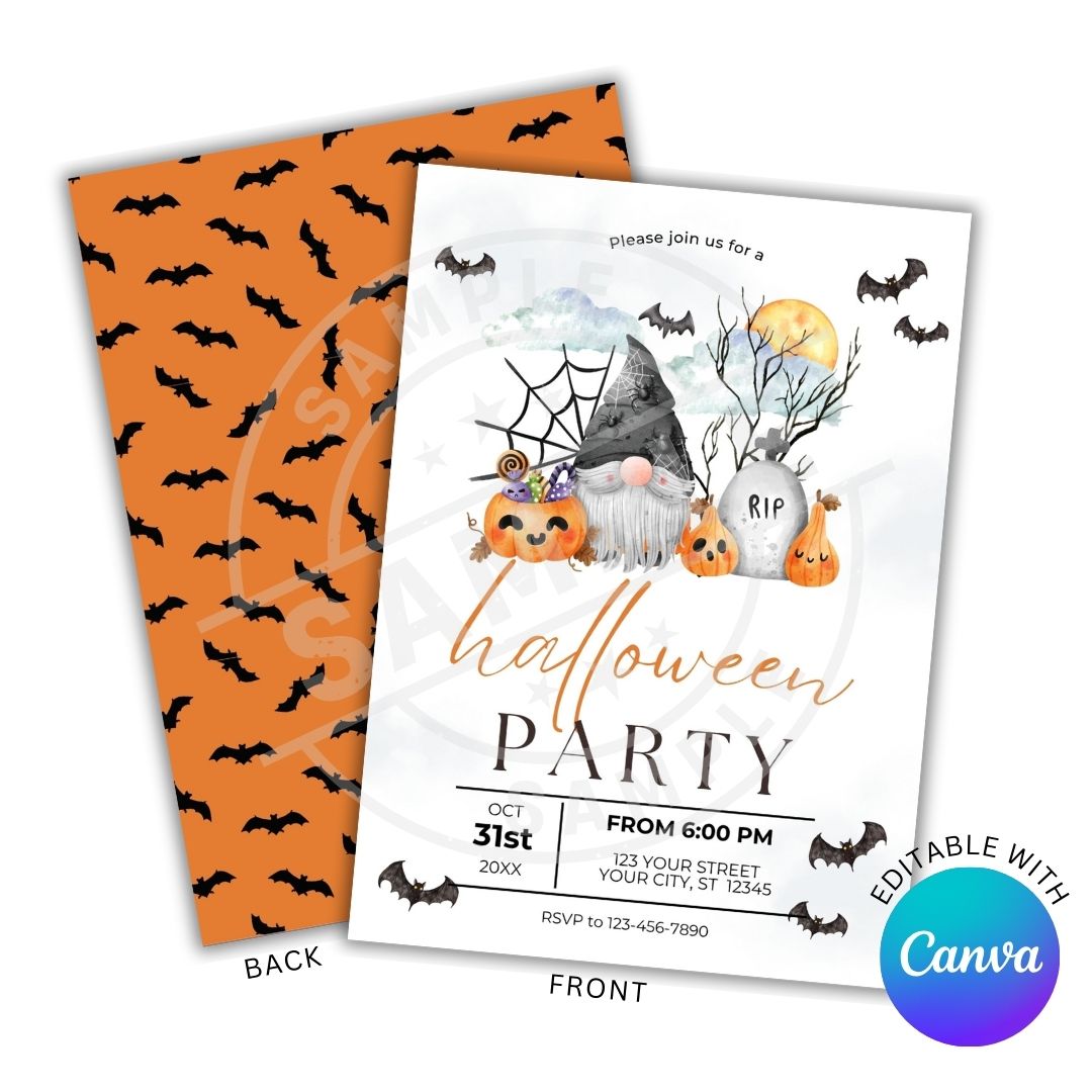 Halloween party invitation with gnomes, pumpkins, and bats on an orange and black bat patterned card.