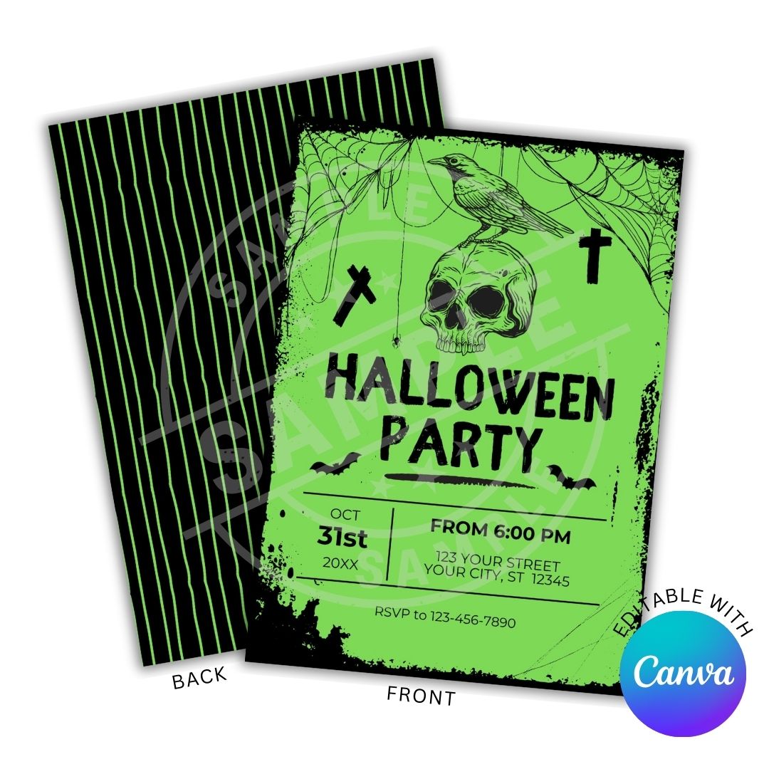 Halloween party invitation with skull design on green background