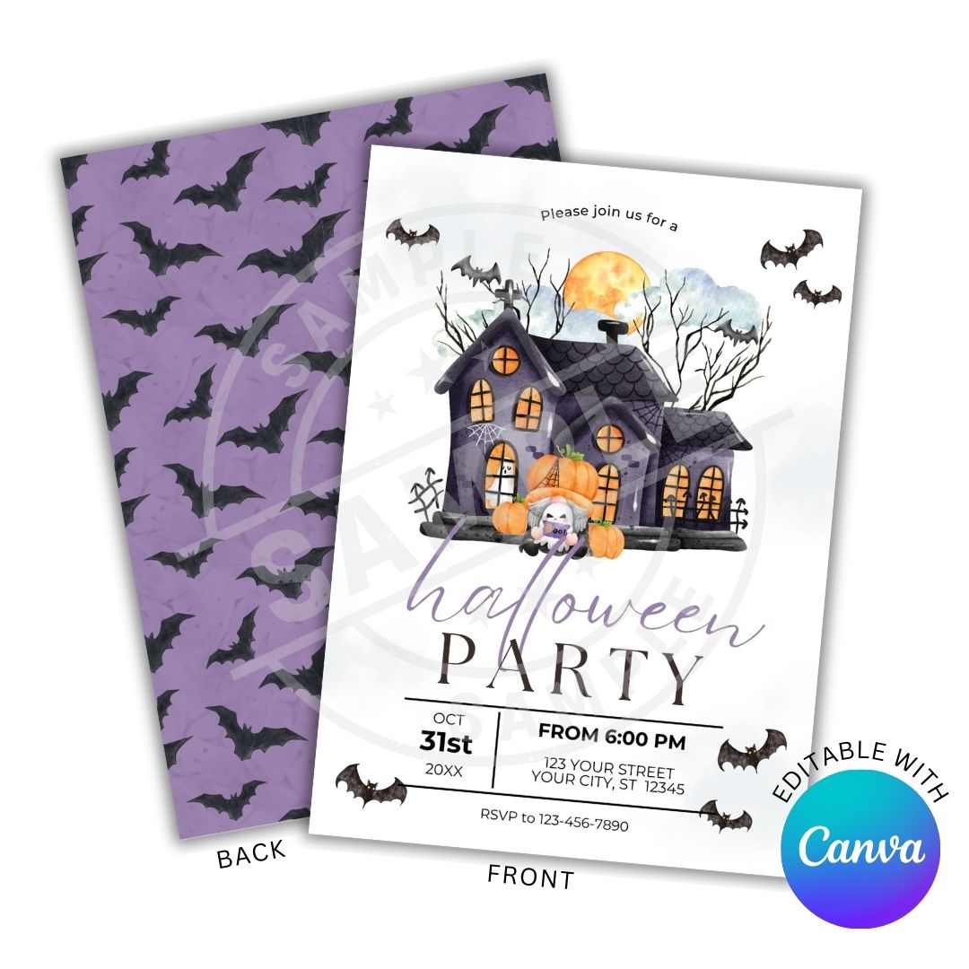 Halloween party invitation with purple bat design on back
