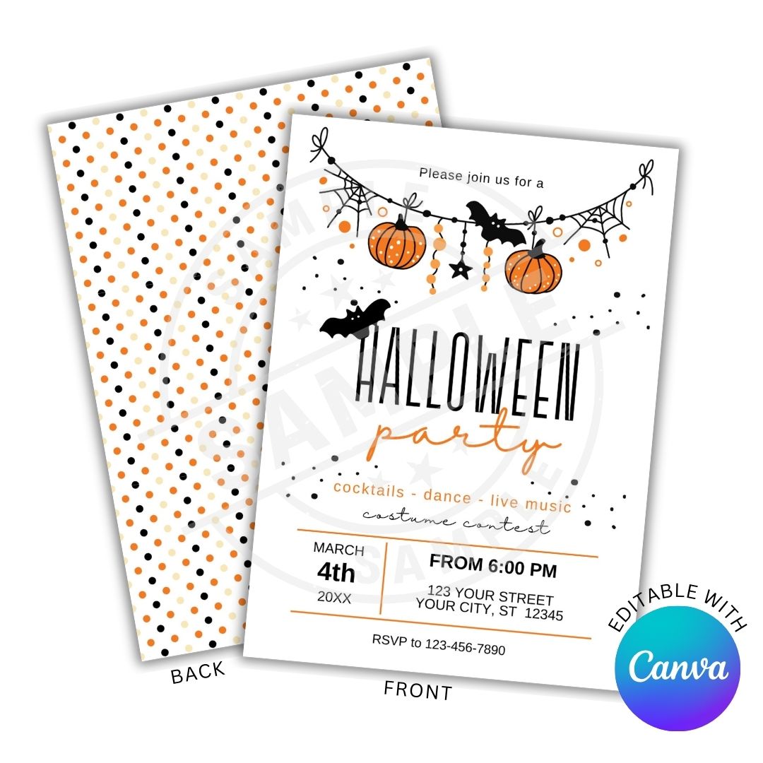 Halloween party invitation with polka dot design on the back, featuring pumpkins, bats, and spider webs.