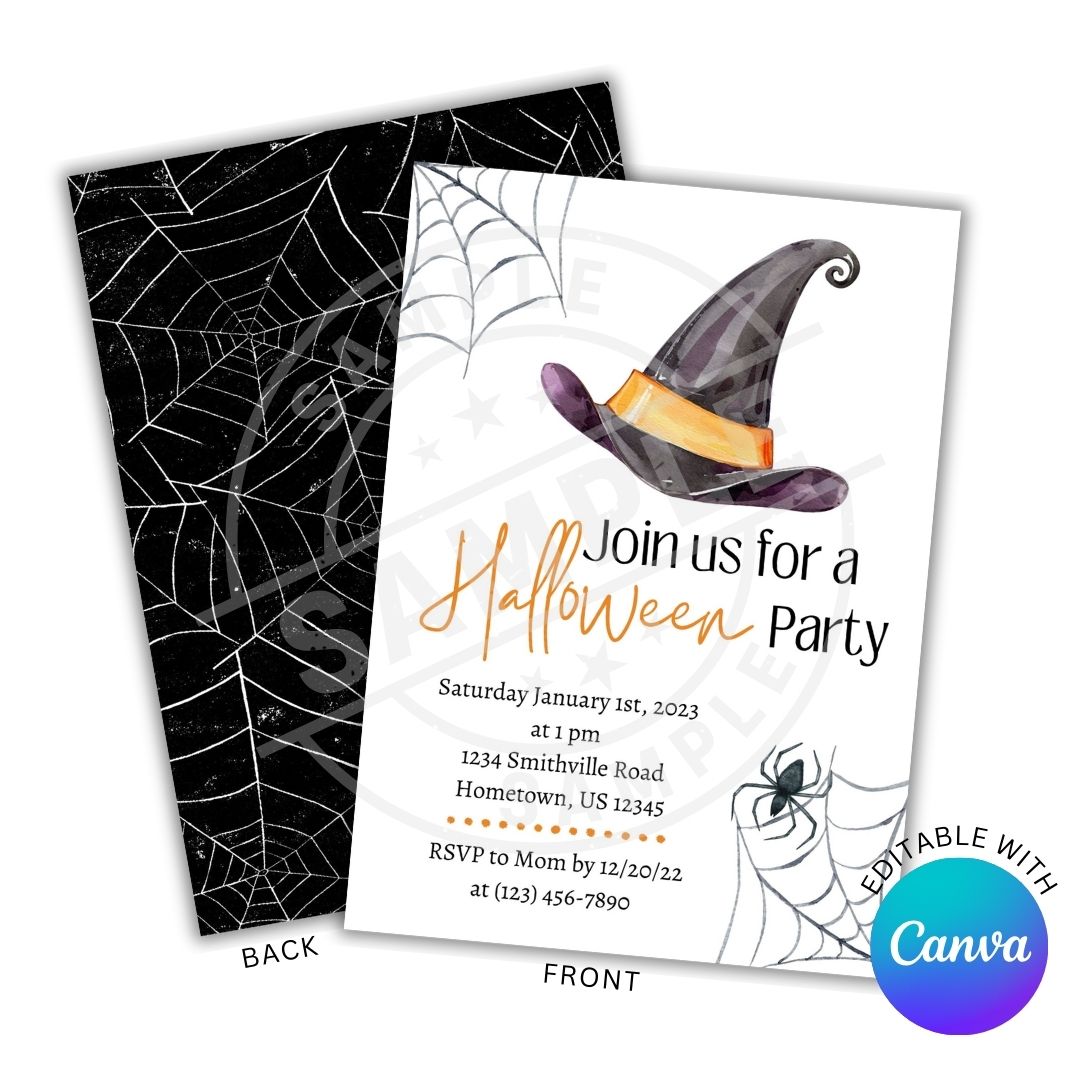 Halloween party invitation with witch hat and spider design, featuring Canva branding.