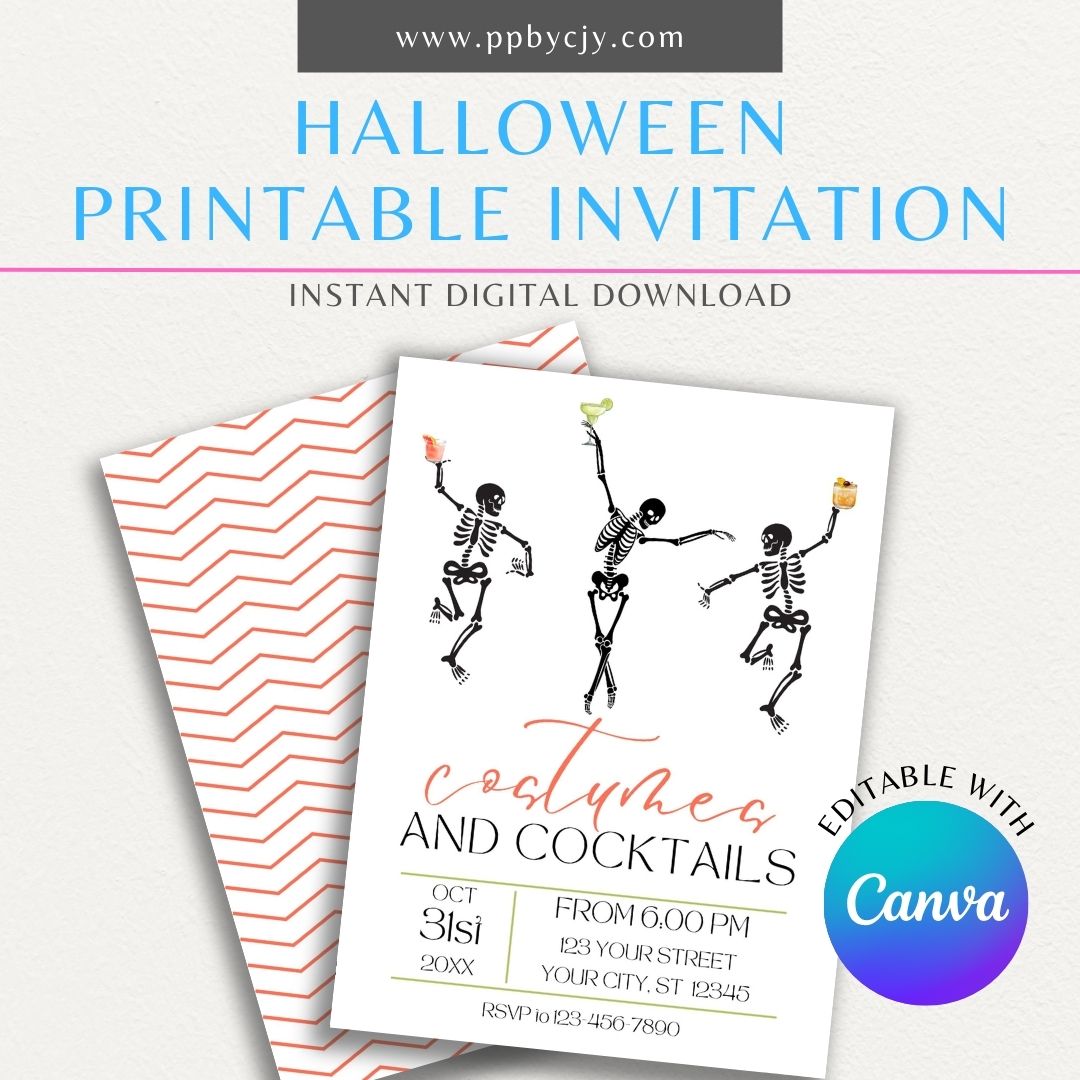 Halloween Skeleton Cocktail Printable Invitation with a skeleton holding a spooky drink, perfect for Halloween parties, haunted happy hours, and eerie gatherings.