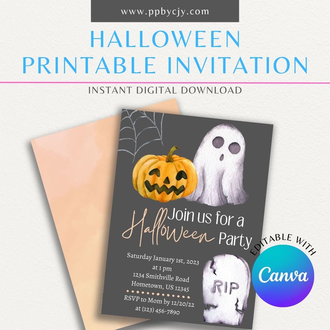 Halloween Ghost and Pumpkin Printable Invitation with a cute ghost and festive pumpkin, perfect for Halloween parties, trick-or-treat gatherings, and spooky events.

