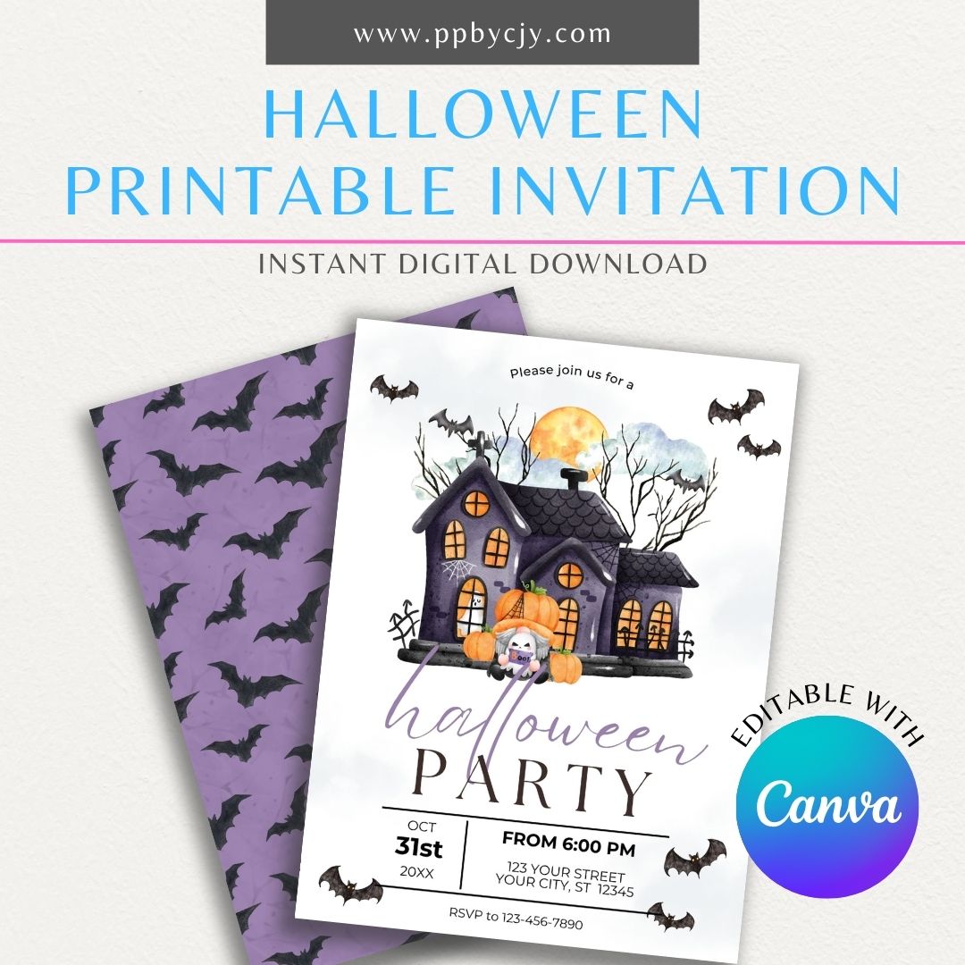 Halloween Haunted House Printable Invitation with a spooky haunted house design, perfect for Halloween parties, ghostly gatherings, and haunted house events.

