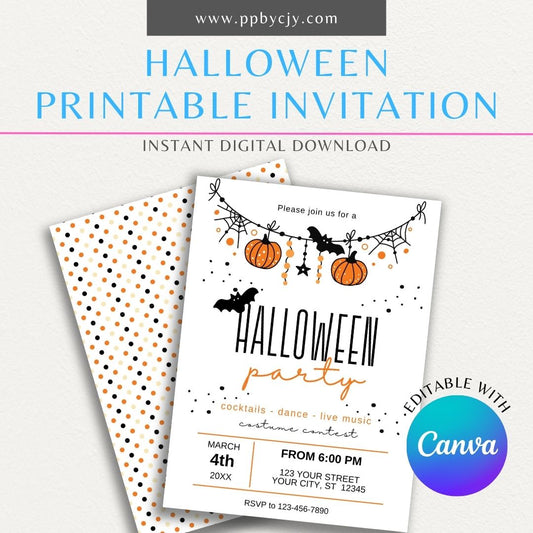 Halloween Pumpkin Printable Invitation featuring a festive pumpkin design, perfect for Halloween parties, pumpkin carving events, and spooky gatherings.

