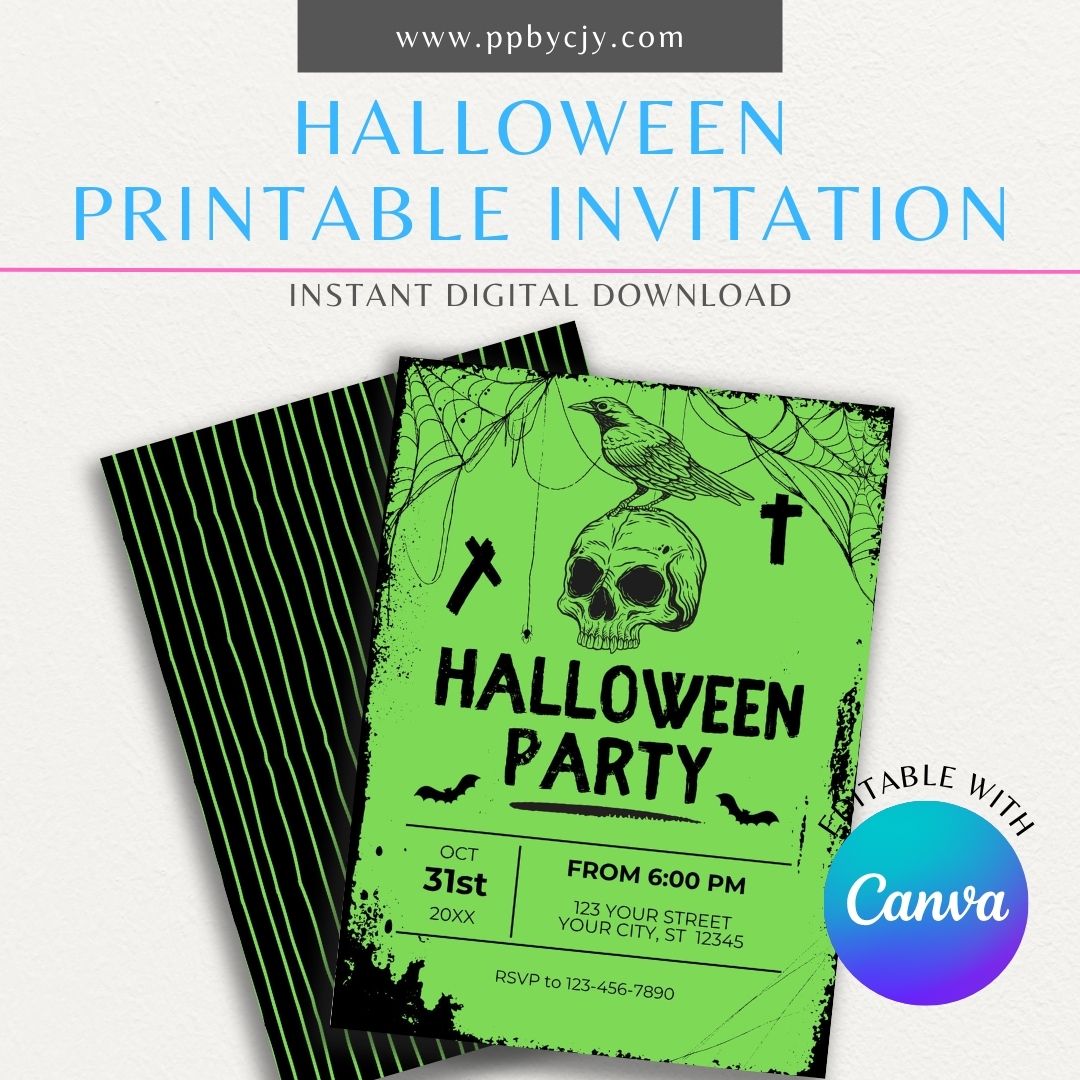 Halloween Neon Green with Skull Printable Invitation featuring a bold neon green design and spooky skull, perfect for edgy Halloween parties and eerie gatherings.

