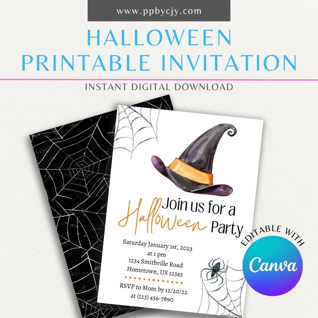 Halloween Witch Hat Printable Invitation featuring a whimsical witch's hat design, perfect for Halloween parties, costume events, and magical gatherings.
