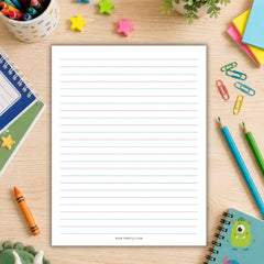 A centered white lined writing pad sheet on a light wood desk, surrounded by school supplies including colored pencils, paper clips, star stickers, a cup of crayons, and small notebooks.