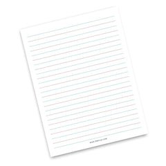 A single sheet of lined writing paper with dashed lines in light blue and brown, shown at an angle on a white background.