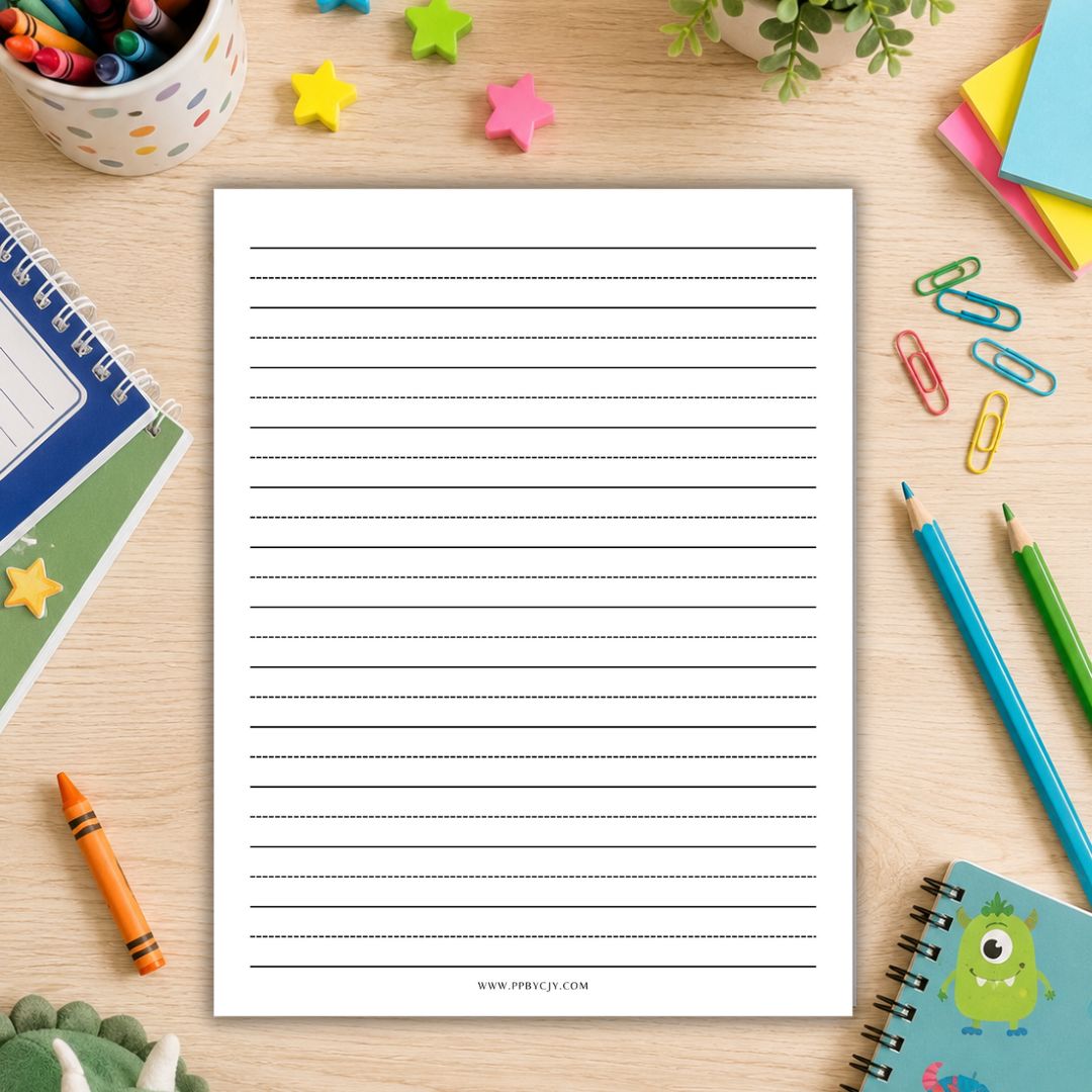 A lined writing paper sheet centered on a light wood desk, surrounded by colorful school supplies including pencils, paper clips, star stickers, a crayon, notebooks, and a plant.