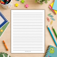 A lined writing paper sheet centered on a light wood desk, surrounded by colorful school supplies including pencils, paper clips, star stickers, a crayon, notebooks, and a plant.