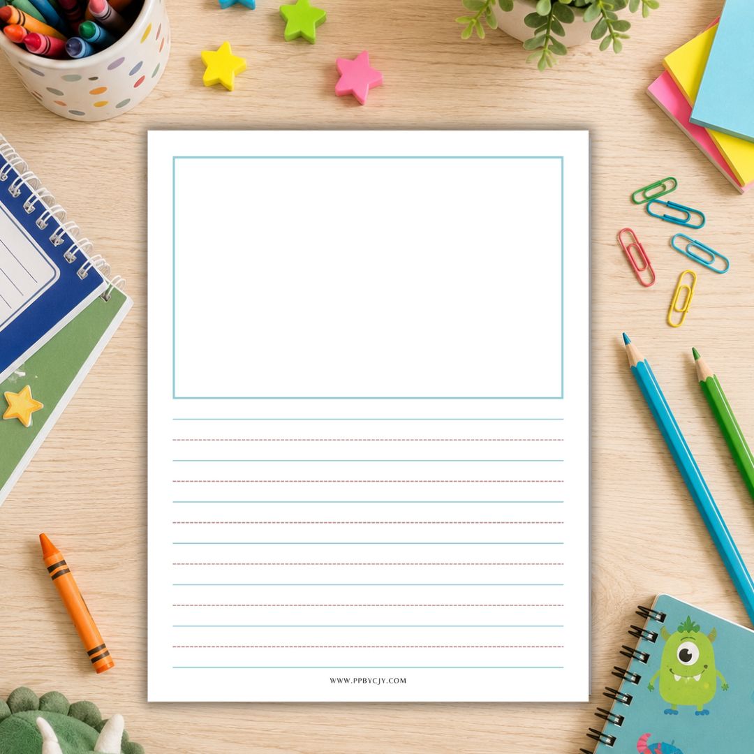 A centered white lined writing pad sheet on a light wood desk, surrounded by school supplies including colored pencils, paper clips, star stickers, a cup of crayons, and small notebooks.