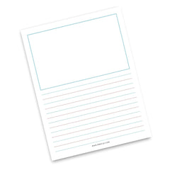 A single lined writing pad sheet shown at an angle on a white background. The pad has a large blank top section outlined in light blue and multiple horizontal dashed lines below, with small website text at the bottom.