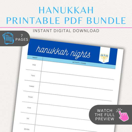 Hanukkah Planning Printable PDF Template Bundle with gift tracker, meal planner, and candle lighting log.

