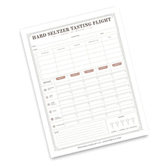 A printable hard seltzer tasting flight sheet on a white background. The form has labeled columns for date, venue, ingredients, and scores, with a grid for multiple tastings and small icons for flavor profiles.