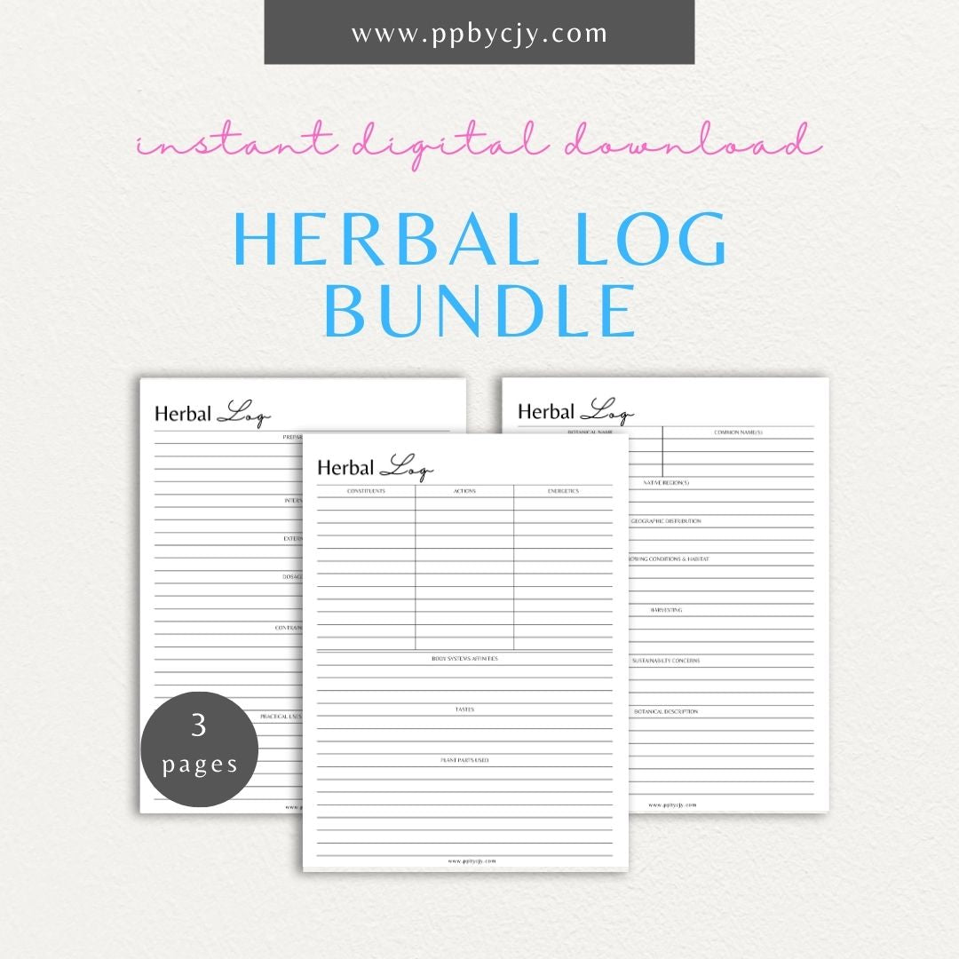 Herbal Plant Log Printable PDF Template for tracking growth, care, and harvesting of herbal plants

