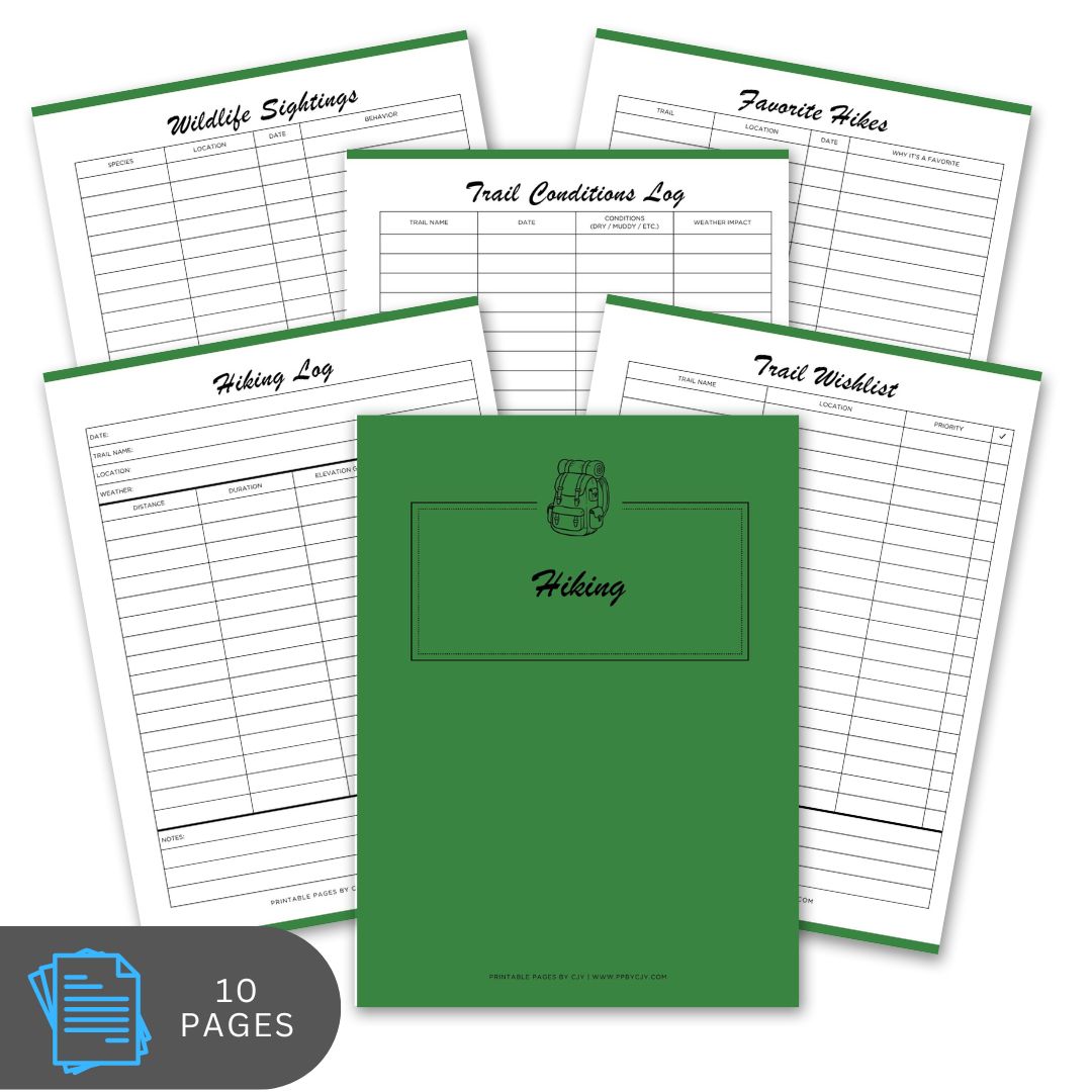 Green notebook with hiking log sheets on a white background