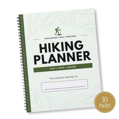 A spiral-bound Hiking Planner with a light green and white topographic map cover design, featuring a gold badge in the bottom right corner that reads '10 PAGES'.