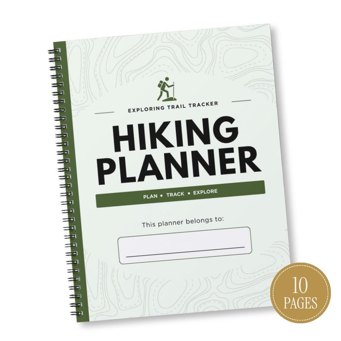 A spiral-bound Hiking Planner with a light green and white topographic map cover design, featuring a gold badge in the bottom right corner that reads '10 PAGES'.