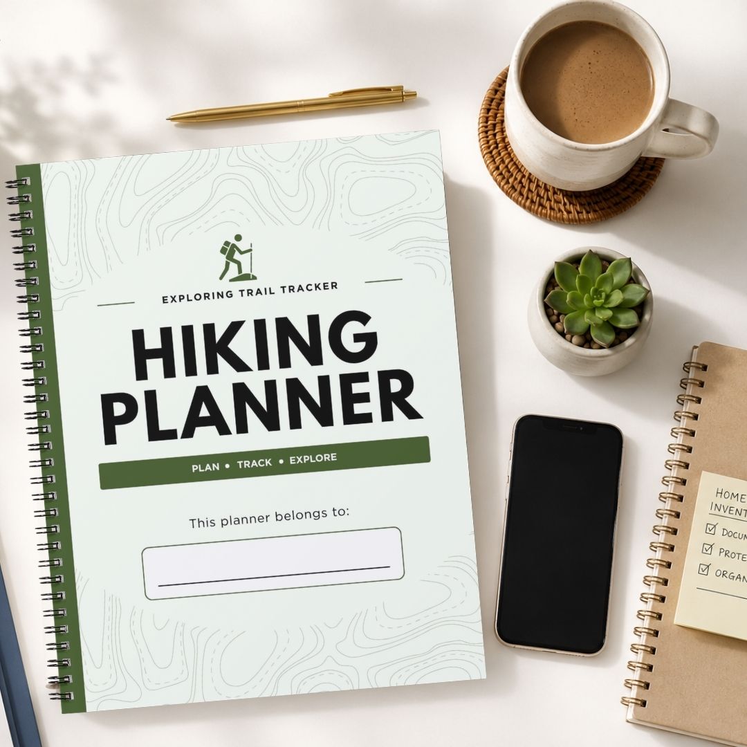 A spiral-bound hiking planner titled 'Exploring Trail Tracker Hiking Planner' shown in a styled flat-lay with a cup of coffee, a pen, a small succulent, a smartphone, and another notebook on a white surface.