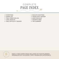 A digital preview of a 'Complete Page Index' for a hiking or travel planner, showing a list of included pages such as a cover page, hiking log, trail condition log, trail wishlist, wildlife sightings, and gear checklist on a light beige background.