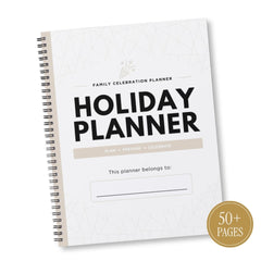 A spiral-bound family celebration planner titled 'HOLIDAY PLANNER' on a white cover with a subtle geometric pattern. The cover includes a beige band and a gold circular badge in the bottom right corner that reads '50+ PAGES'.