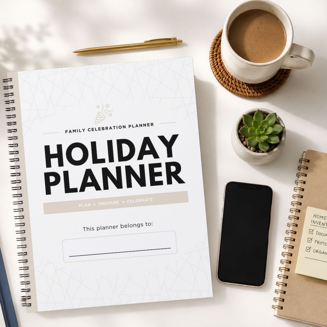 A spiral-bound holiday planner notebook lies open on a white desk, surrounded by a coffee cup on a coaster, a small succulent, a smartphone, and another notebook. The planner cover reads 'HOLIDAY PLANNER' with 'Family Celebration Planner' above it.