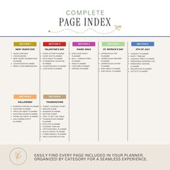 A digital preview of a complete page index for a planner, organized into five colored sections with headings for New Year's Eve, Valentine's Day, Mardi Gras, St. Patrick's Day, and 4th of July, plus additional seasonal categories.