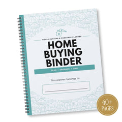 A spiral-bound home buying planner shown at an angle on a white background. The cover is white with a light teal house pattern, bold black text reading 'HOME BUYING BINDER,' a teal banner, and a gold circular badge in the lower right that says '40+ PAGES.