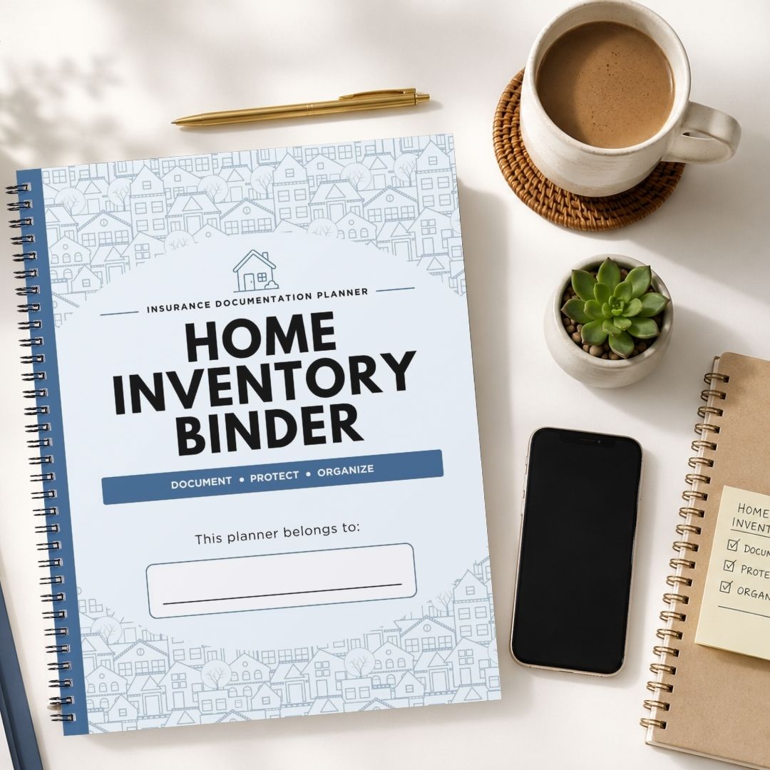 A spiral-bound Home Inventory Binder planner lies on a white desk surrounded by a coffee cup, a pen, a small succulent, a smartphone, and another notebook.