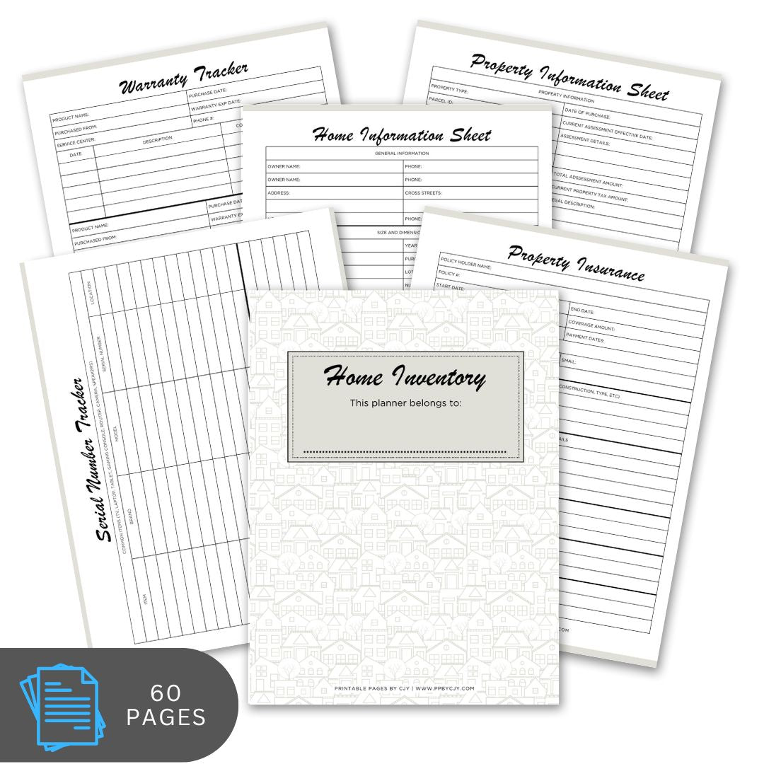 Collection of home management sheets on a white background