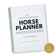 A spiral-bound horse planner with a white cover decorated with light blue horse silhouettes. The cover features the text 'HORSE PLANNER' in bold black letters, with 'EQUINE HEALTH & STABLE ORGANIZER' above it.