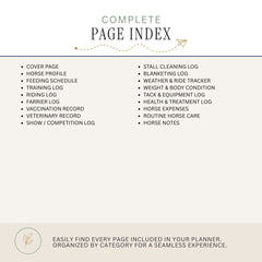 A page index graphic for a horse care planner, showing a list of included pages such as cover page, stall cleaning log, veterinary record, and show/competition log on a light beige background.