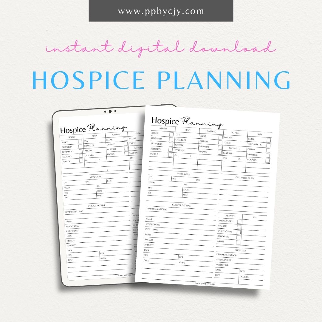 Hospice Planning Printable PDF Template for organizing medical information, caregiving schedules, and preferred care choices

