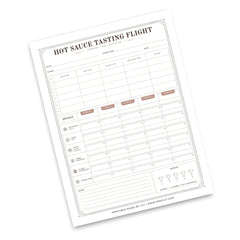 A printable hot sauce tasting flight chart sheet shown at an angle on a white background. The sheet features structured tables for tracking scores and notes, with labeled columns for flavors and a rating scale at the bottom.