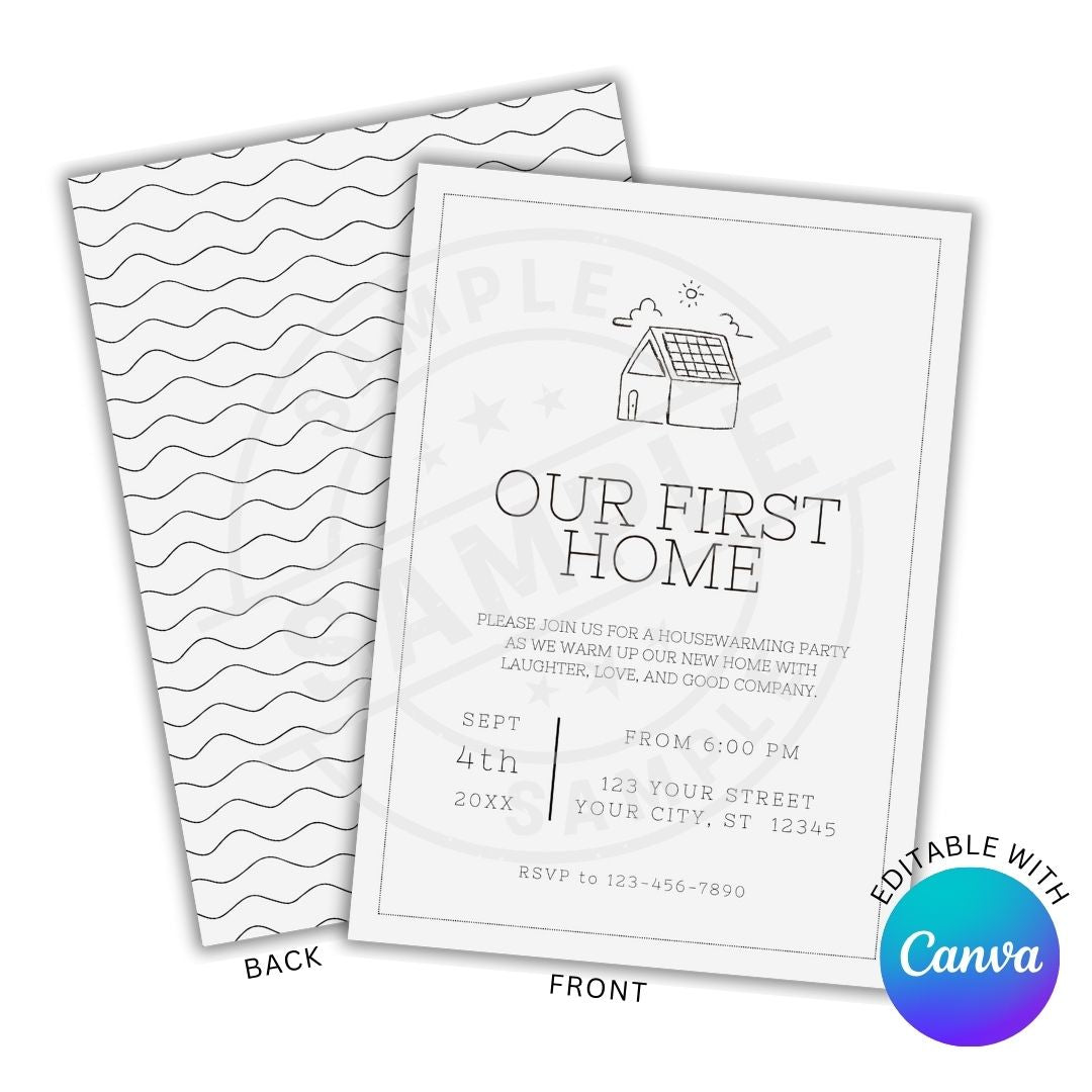 Invitation card for a 'Our First Home' event with house illustration, text, and Canva branding.