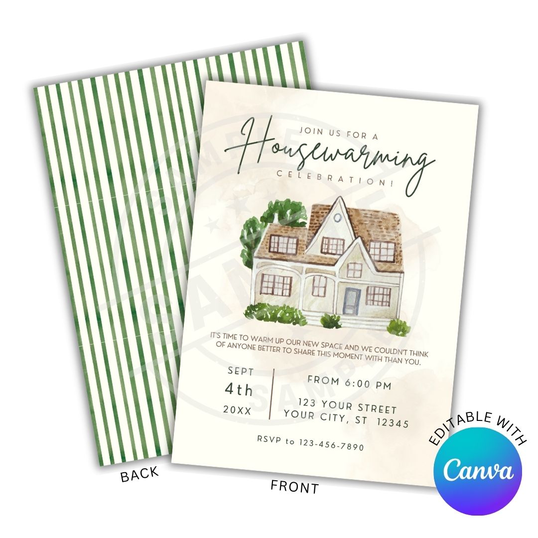 Housewarming party invitation with a house illustration and green striped backer, featuring Canva branding.