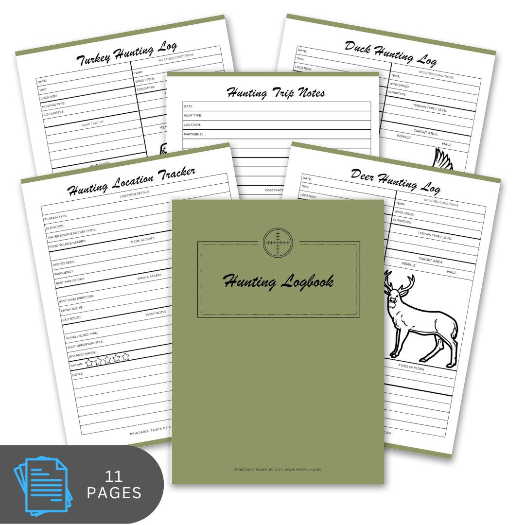 Hunting logbook with various pages on a white background