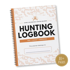 A spiral-bound hunting logbook with a white cover featuring a light tan camouflage pattern, bold black title text, and an orange accent bar. A gold circular badge in the lower right corner reads '10+ PAGES'.