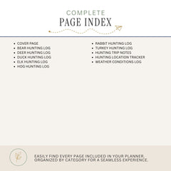A page index cover for a hunting planner, featuring a clean cream background with black and muted green text. The top reads 'COMPLETE PAGE INDEX' with bullet points listing included pages such as cover page, bear hunting log, deer hunting log, duck hunting log, elk hunting log, hog hunting log, rabbit hunting log, turkey hunting log, hunting trip notes, hunting location tracker, and weather conditions log.